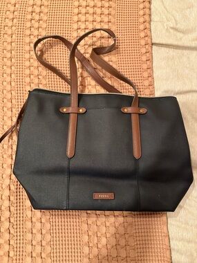 Fossil Black Tote with Brown Trim